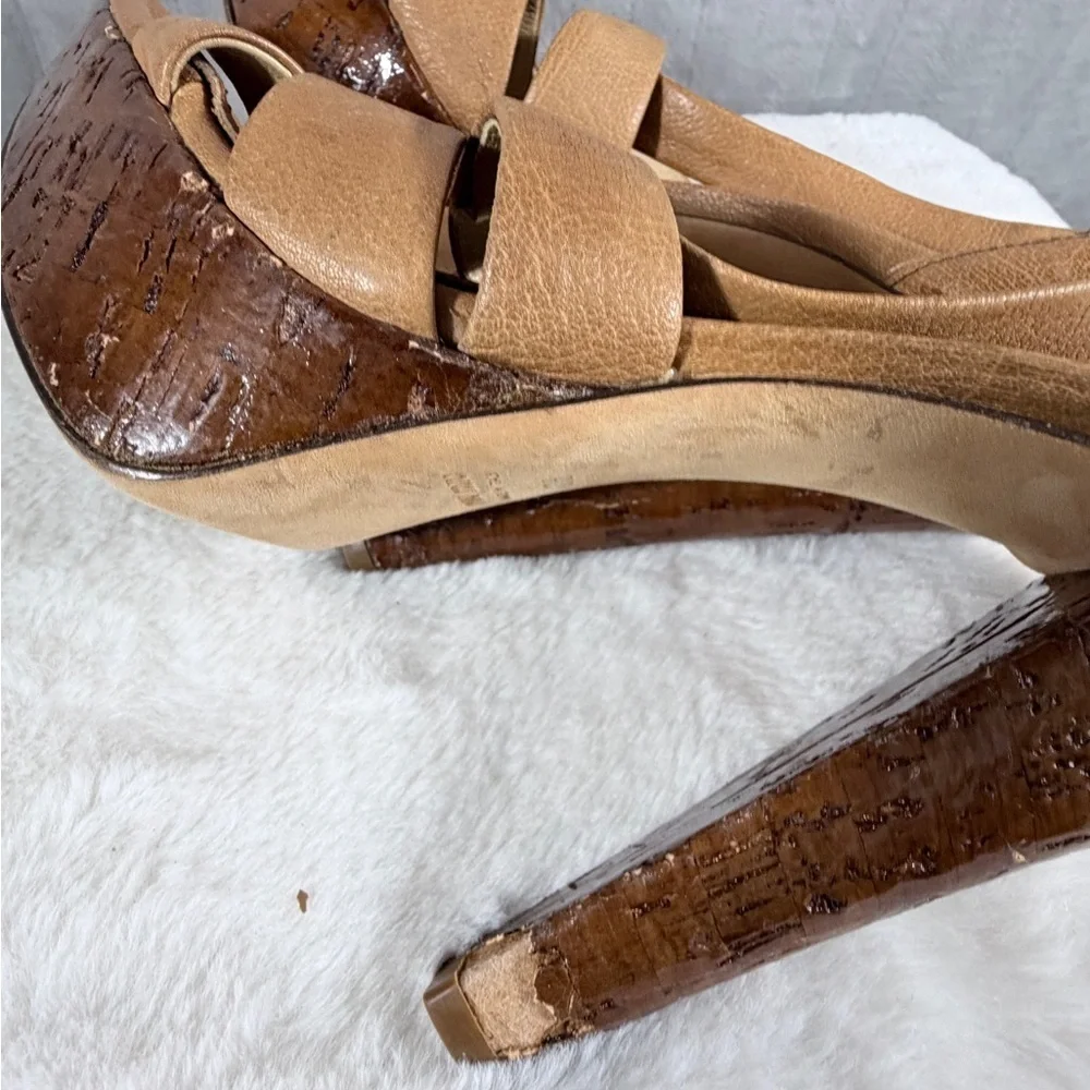 Miu Miu Tan Leather Strappy Cork Platform Heels Size 38 Made in Italy size 7.5